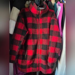 Roots Buffalo Plaid Mock Neck Zip Pea Coat - Red & Black